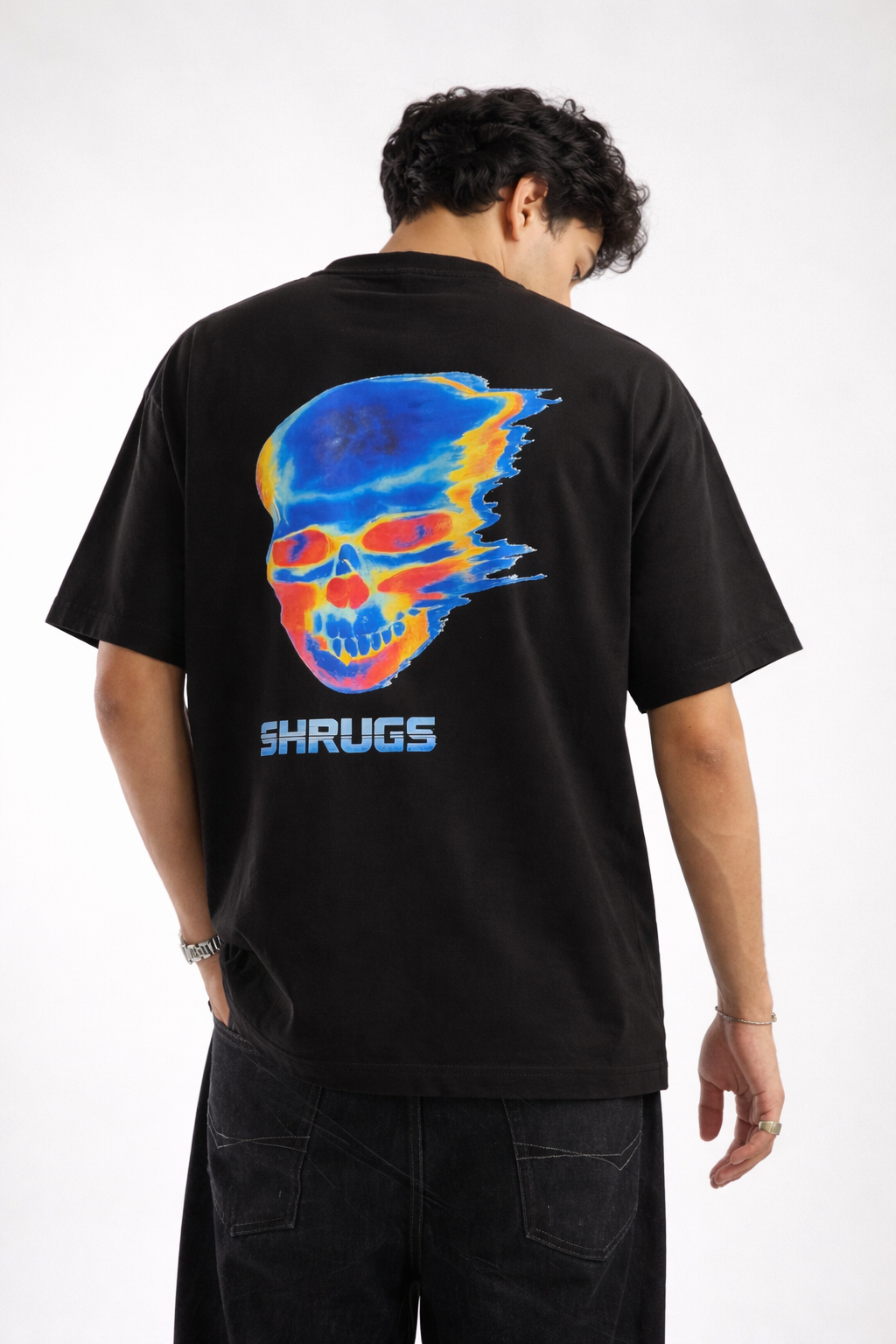 Shrugs" Thermal Skull Graphic Oversized T-Shirt